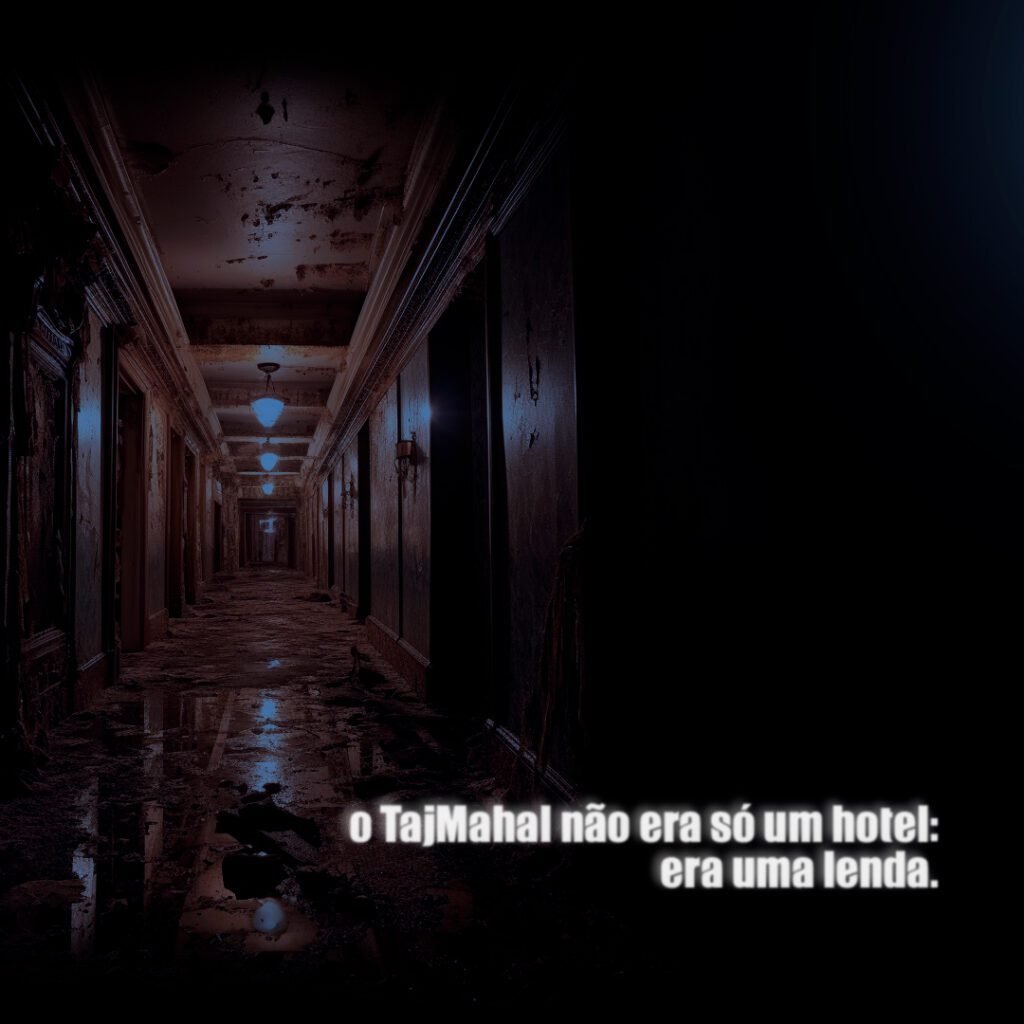 Corredor escuro e abandonado de um hotel com teto desgastado e lâmpadas pendentes, acompanhado da frase: "O TajMahal não era só um hotel: era uma lenda."