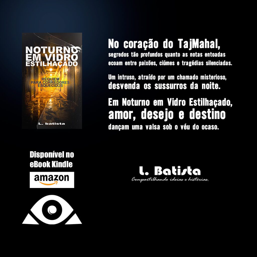 Capa do livro 'Noturno em Vidro Estilhacado' de L. Batista com a imagem de um corredor escuro e misterioso. Texto promocional destaca segredos no TajMahal e menção à disponibilidade do livro no eBook Kindle da Amazon.