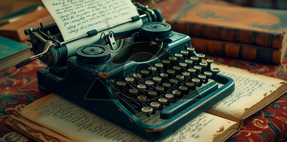como começar a escrever um livro, ilustrado por uma máquina de escrever em uma escrivaninha e outros manuscritos