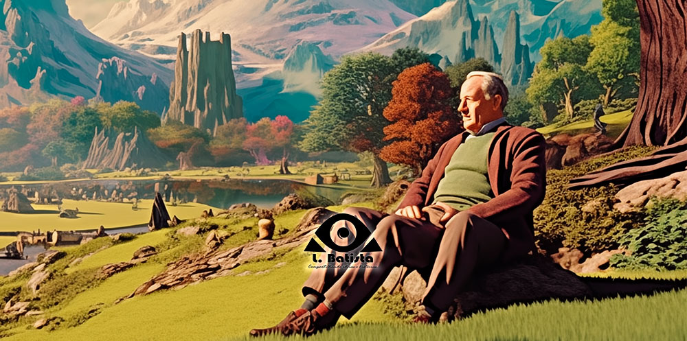 Ilustração de J. R. R. Tolkien em uma paisagem fantástica com o logo do site ‘L. Batista, compartilhando ideias e histórias’ no centro.