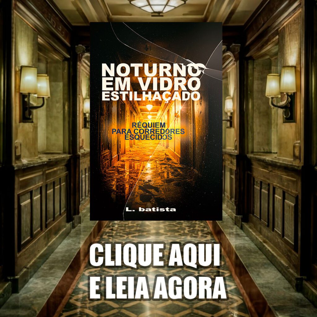 Capa do livro “Noturno em Vidro Estilhacado” por L. Batista em um corredor com lâmpadas ornamentadas.