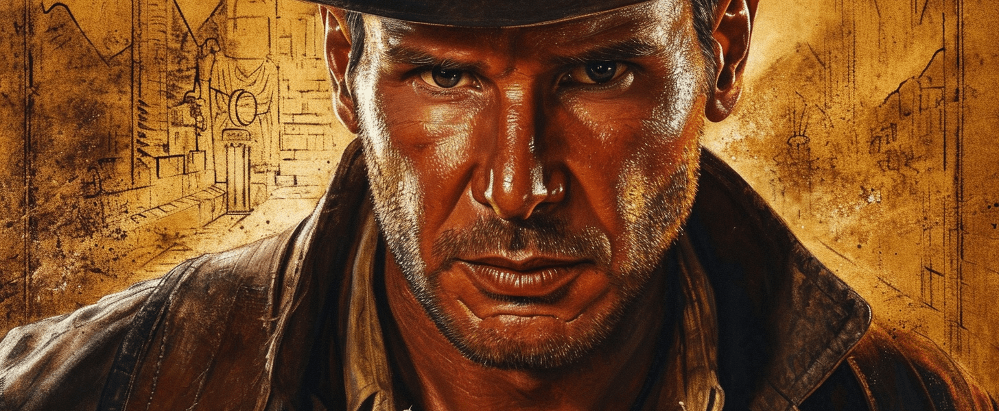 Imagem com o rosto do personagem Indiana Jones vestindo uma jaqueta de couro, com um fundo amarelo contendo esboços de mapas e desenhos arquitetônicos, sem texto e logomarca