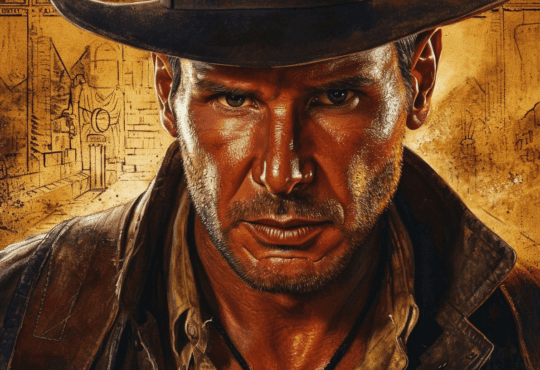 Imagem com o rosto do personagem Indiana Jones vestindo uma jaqueta de couro, com um fundo amarelo contendo esboços de mapas e desenhos arquitetônicos, sem texto e logomarca