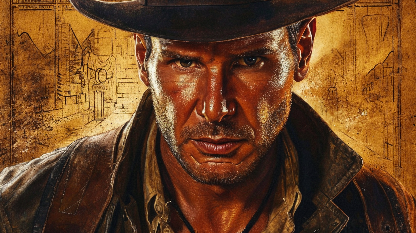 Imagem com o rosto do personagem Indiana Jones vestindo uma jaqueta de couro, com um fundo amarelo contendo esboços de mapas e desenhos arquitetônicos, sem texto e logomarca