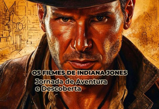 Imagem com o rosto do personagem Indiana Jones vestindo uma jaqueta de couro, com um fundo amarelo contendo esboços de mapas e desenhos arquitetônicos.