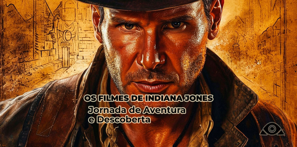 Imagem com o rosto do personagem Indiana Jones vestindo uma jaqueta de couro, com um fundo amarelo contendo esboços de mapas e desenhos arquitetônicos.