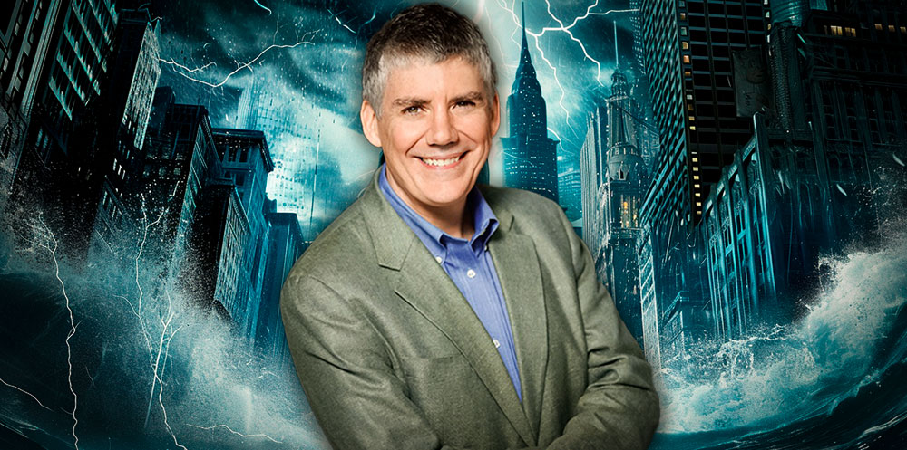 Autor Rick Riordan com um fundo do filme de Percy Jackson