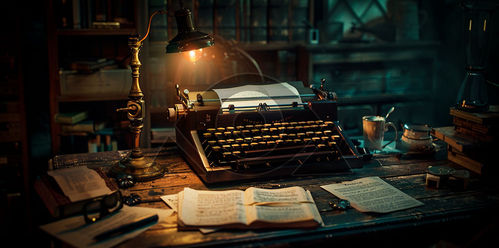 Máquina de escrever vintage, livros, manuscritos e uma lâmpada em um ambiente escuro e acolhedor, ilustrando um espaço de trabalho clássico para escritores.