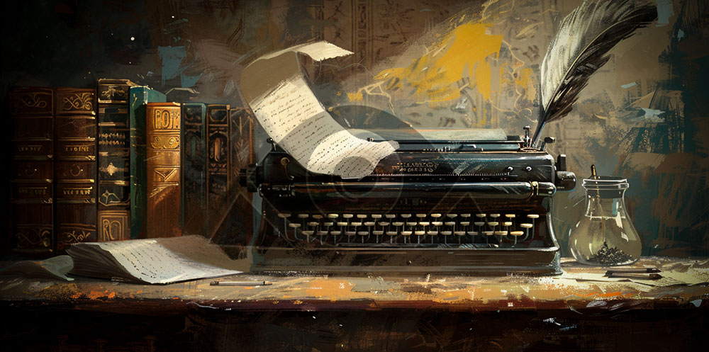 Ferramentas para escrita representadas por uma máquina de escrever vintage, papel manuscrito e uma pena de tinta em um ambiente clássico, rodeado por livros antigos.