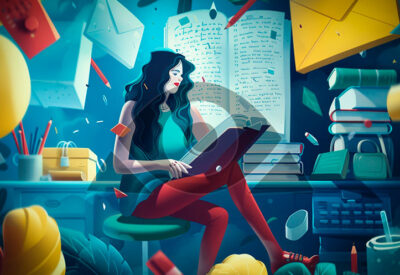 A imagem representa ferramentas para escritores, com uma escritora trabalhando em um laptop, cercada por livros, papéis e itens de escritório flutuando em um ambiente azul escuro.