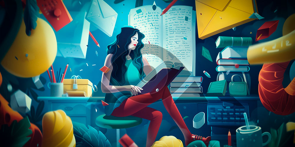 A imagem representa ferramentas para escritores, com uma escritora trabalhando em um laptop, cercada por livros, papéis e itens de escritório flutuando em um ambiente azul escuro.