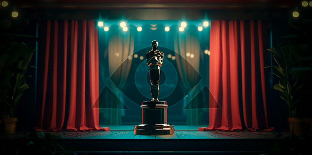 Uma estatueta do Oscar brilha sob os holofotes em um palco elegante, cercada por cortinas vermelhas e plantas verdes, evocando a antecipação dos Filmes indicados ao Oscar 2024.