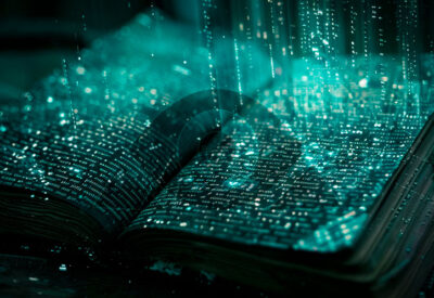 Inteligência artificial é ilustrada nesta imagem que mostra um livro antigo, com páginas iluminadas por códigos digitais brilhantes, simbolizando a fusão do conhecimento tradicional e a inovação tecnológica.