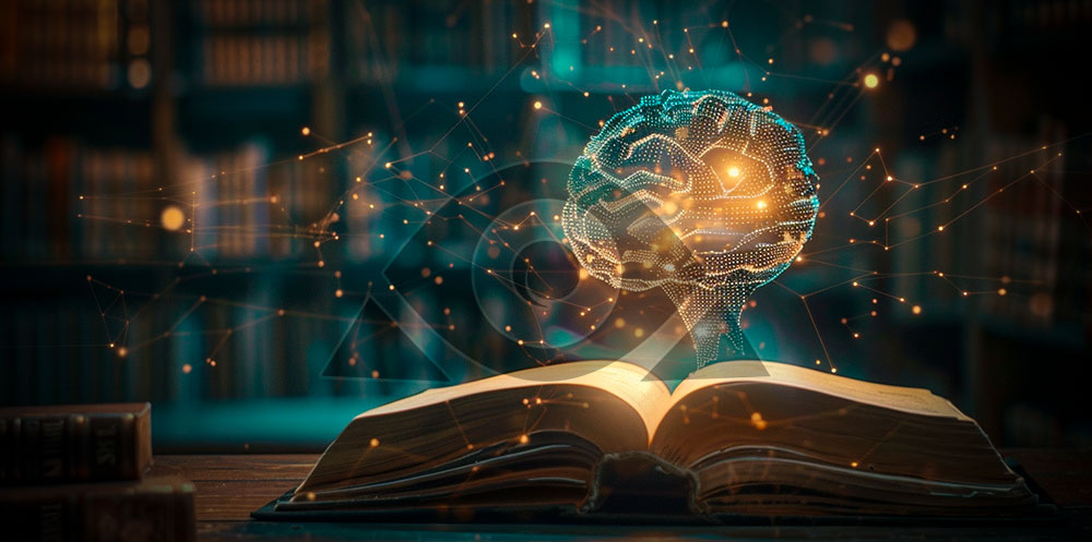 Inteligência artificial é ilustrada nesta imagem, onde um cérebro digital brilha acima de um livro aberto, simbolizando o poder do conhecimento e aprendizado automático.