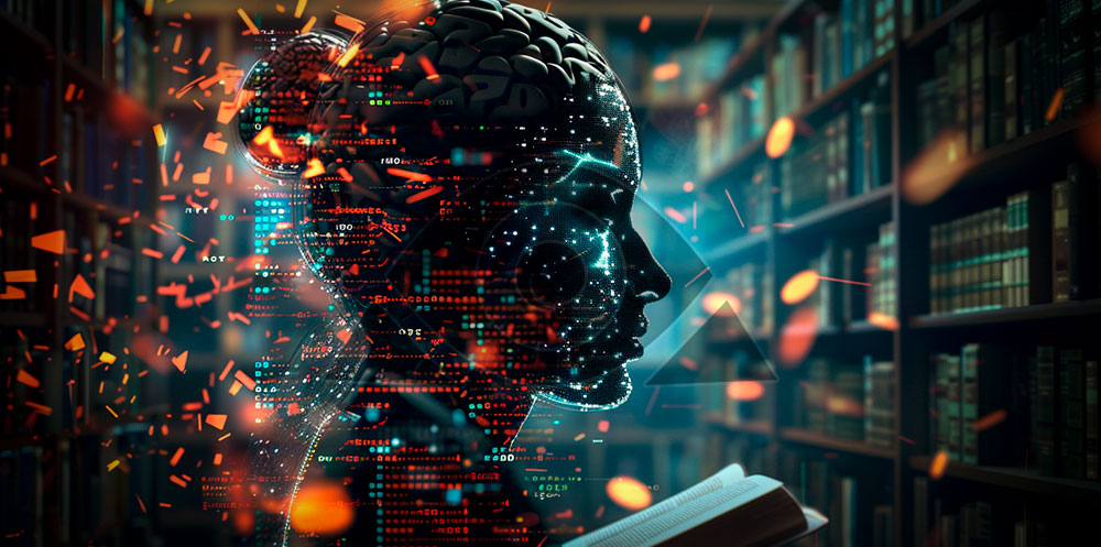 Inteligência artificial é ilustrada nesta imagem vibrante, onde um perfil humano digitalizado é cercado por códigos e dados em movimento, simbolizando o processamento de informações e aprendizado.