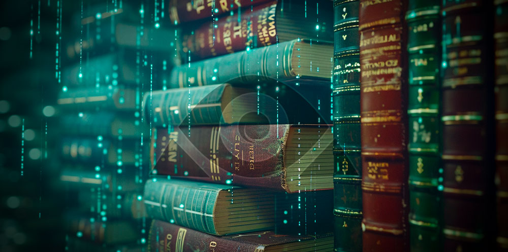 Inteligência artificial é ilustrada nesta imagem que combina livros empilhados e códigos digitais, simbolizando a fusão do conhecimento tradicional e tecnológico