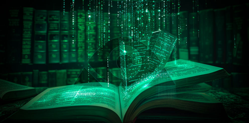 nteligência artificial é ilustrada nesta imagem, onde um livro aberto irradia códigos digitais verdes, simbolizando a fusão do conhecimento tradicional com a tecnologia moderna
