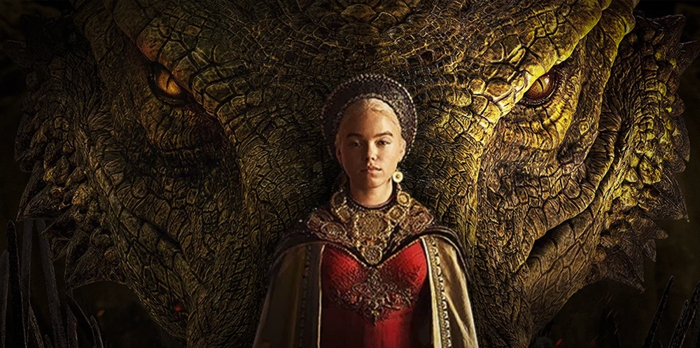 A Casa do Dragão - Banner ilustrativo para o post, contendo Rhaenyra Targaryen em frente a um dragão.