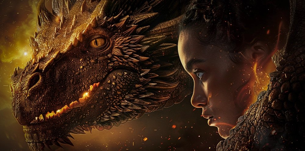 Imagem inspirada na série House of Dragon, contendo uma personagem e um dragão.