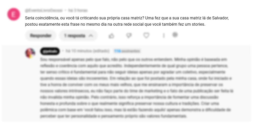 Segundo comentário depreciativo feito o youtube, no vídeo da live